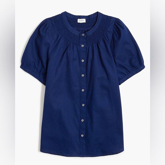 J Crew Factory NWT Linen Blend Short Sleeve Smock Neck Top Size Large in Navy - Picture 4 of 7